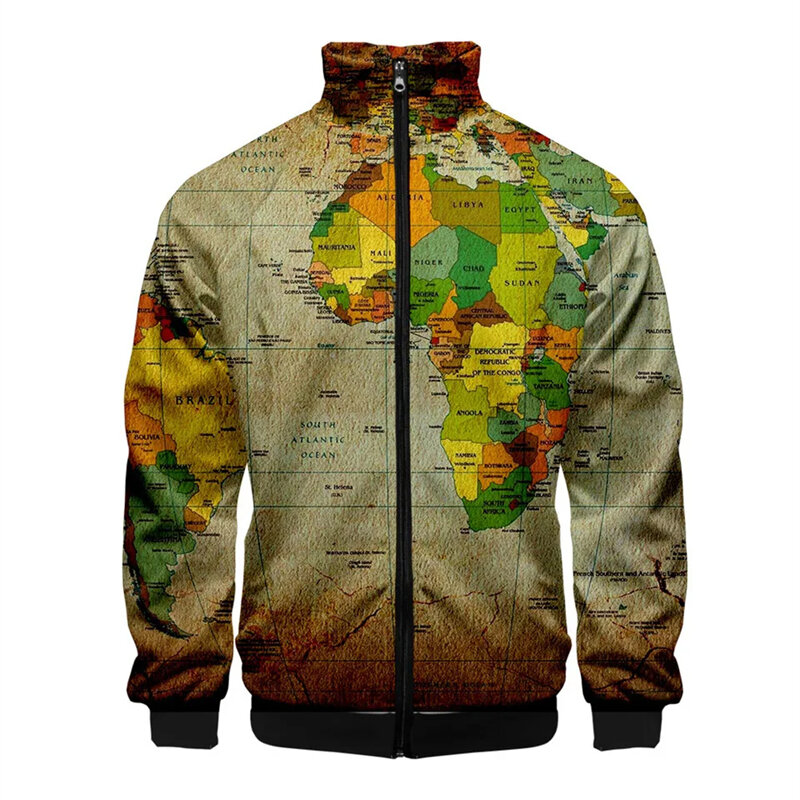 男性と女性のための3Dプリントジャケット,長袖コート,特大,ジッパー,ストリート,個性,衣類,世界地図