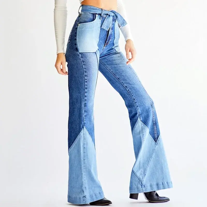 Color Block High Waist Flared Jeans Women's Skinny Two-color Stitching Jeans with Pocket Belt Sexy Denim Flared Boyfriend Jeans