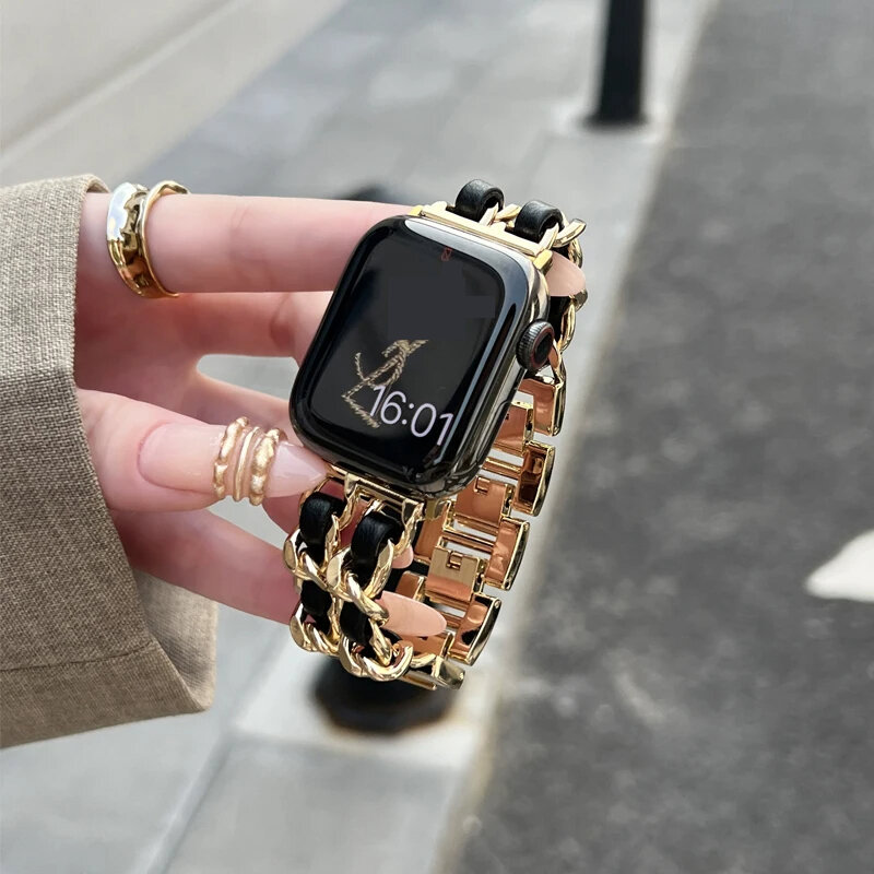 Pulseira de couro de metal de luxo para Apple Watch, pulseira feminina para iWatch Ultra 8, 7, SE, 6, 5, 4, 49mm, 41mm, 45mm, 38mm, 42mm, 44 milímetros, 40 milímetros