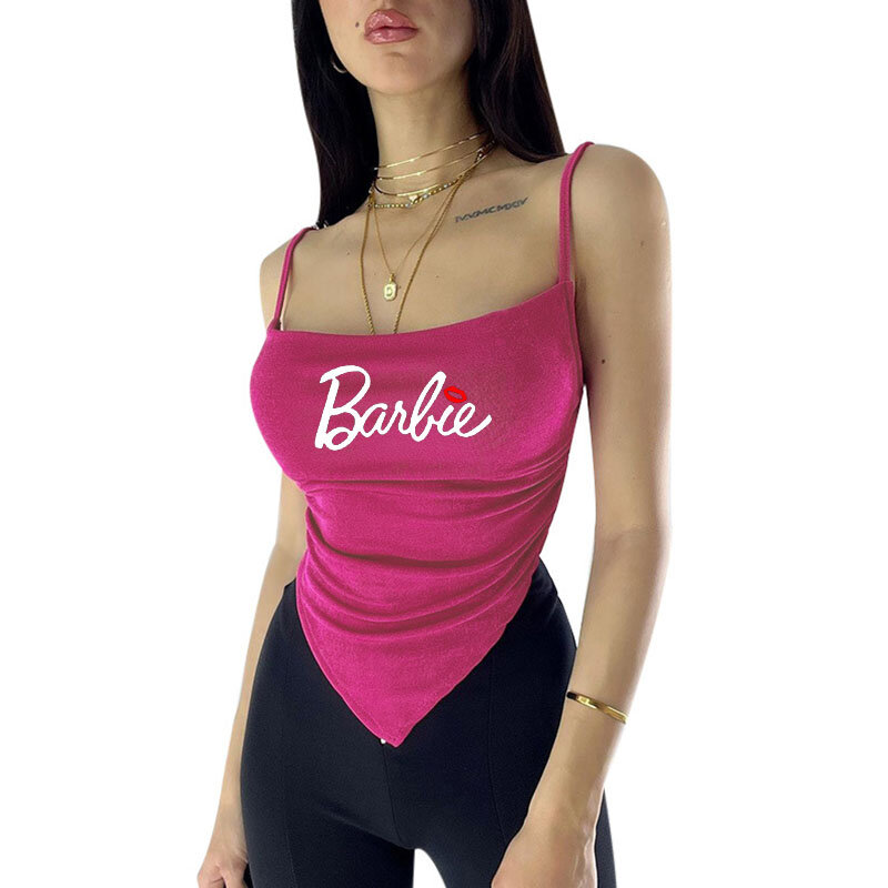 Kamisol Barbie seksi ramping Amerika Eropa mode gadis populer kartun atasan tampilan tinggi punggung terbuka pendek serbaguna untuk wanita