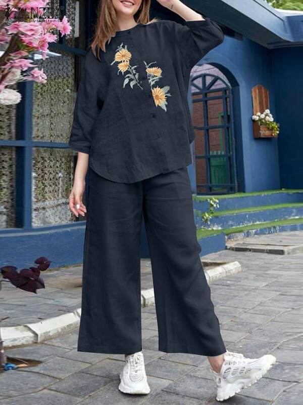 Костюм ZANZEA женский свободный в стиле оверсайз, повседневная одежда для работы, спортивный костюм, винтажная рубашка с цветочной вышивкой, комплект из 2 предметов, лето 2024