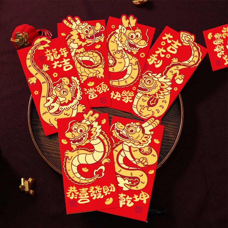 6pcs Chinese New Year Red Envelope Dragon Lunar Year Red Pocket Envelope Spring Festival Lucky Money Bags Hongbao Blessing Gift