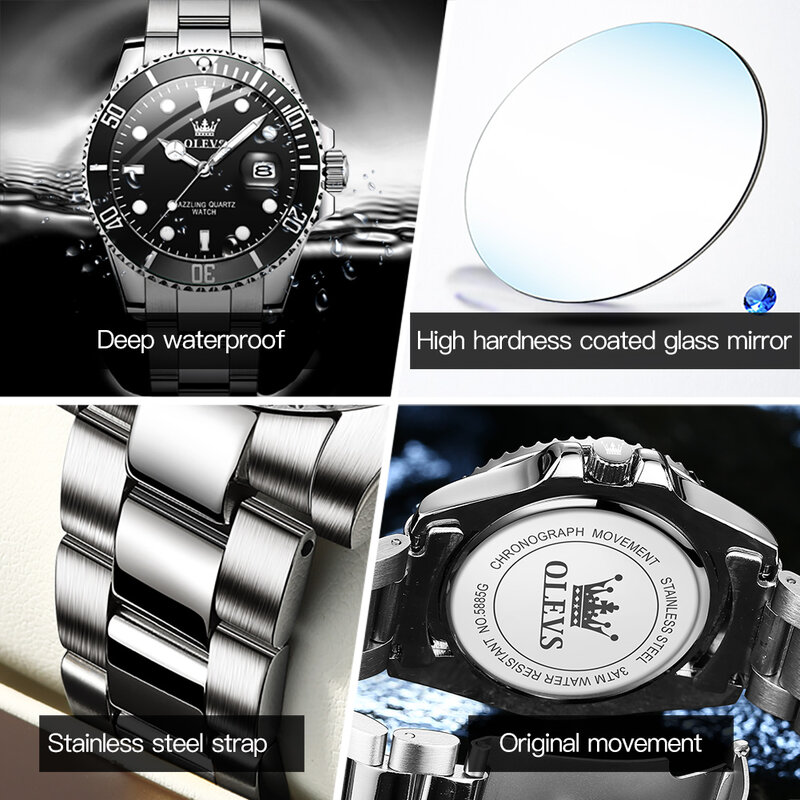 Olevs Heren Date Quartz Horloges Topmerk Luxe Bedrijf Waterdichte Lichtgevende Heren Polshorloges Sport Roestvrij Staal Horloge