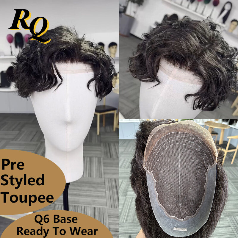 Pre Styled Toupee For Men Q6 Lace & PU Base Human Hair System Unit Toupee Wig For Men Durable Male Hair Prosthesis Men's Wigs