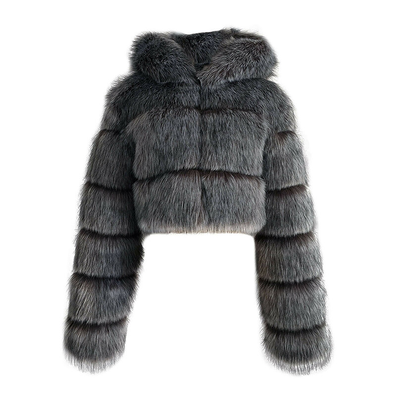 Куртка женская укороченная из искусственного меха, пушистый топ с капюшоном, прямая короткая зимняя меховая куртка, модная уличная одежда, осень