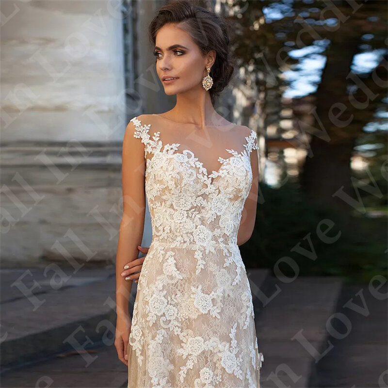 Gorgeous Tulle Lace Appliqued Wedding Dress A-Line Vestidos De Novia Sexy Scoop Neck Sleeveless Beach Court Train Bridal Gowns