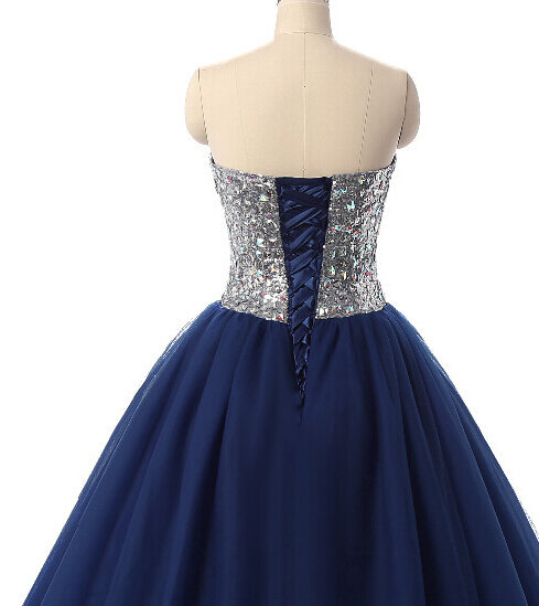 Granatowe niebieskie sukienki Quinceanera suknia Sweetheart Tulle cekiny kryształy meksykańskie słodkie 16 sukienki 15 Anos