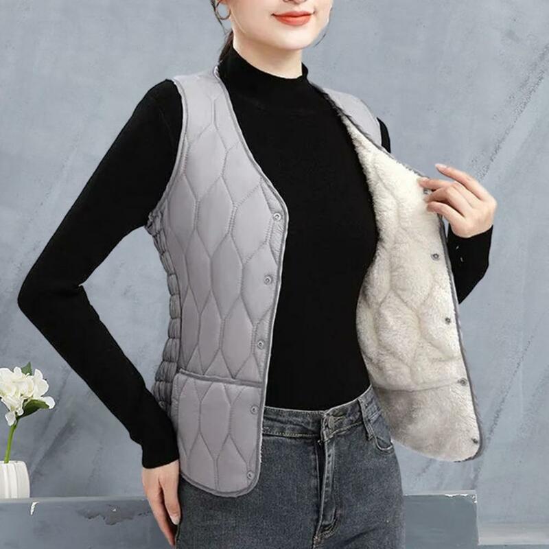 Women Autumn Winter Vest Coat Sleeveless Solid Color Padded Plush Plus Size Warm Windproof Casual V Neck Pockets Single-breasted