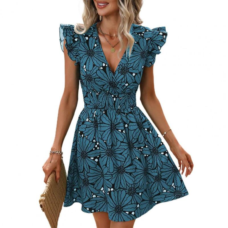 Women Dress V Neck Flower Print High Tight Waist A-line Flying Sleeves Ruffle Pleated Dating Party Mini Dress