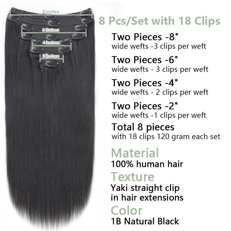 26 Cal włosy doczepiane Clip in Remy Remy Remy prosto 120G 8 szt. Brazylijskich klipsów z ludzkich włosów # 1B dla kobiet