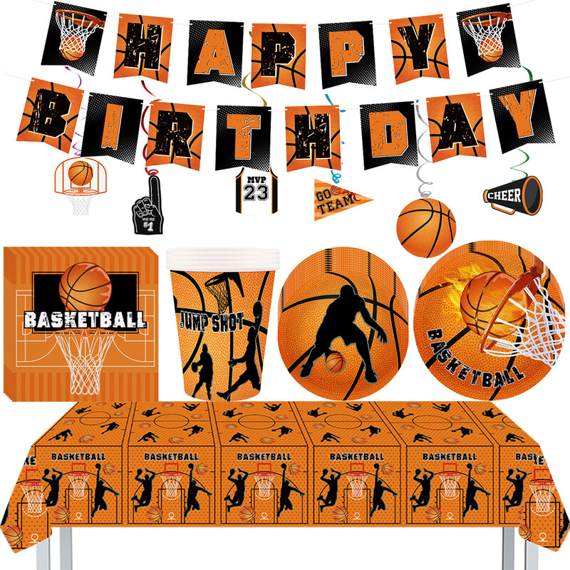Decoraciones de cumpleaños de baloncesto para niños, vajilla desechable, Material de papel, vasos, servilletas, platos, pancarta, mantel
