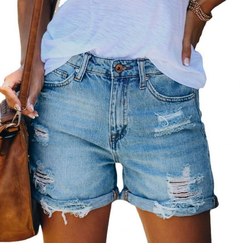 Summer Women Shorts Ripped High Waist Shorts Zipper Button Closure Multi Pockets Folded Hem Slim Fit Denim Shorts