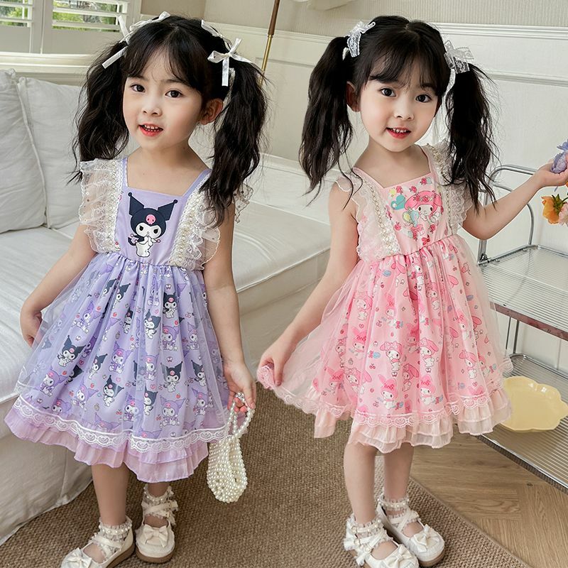 Kawaii Anime Sanrios My Melody Girls Lolita Princess Dress Kuromi Fashion Suspender Veil Sweet Party Cosplay Costume Girl Gift
