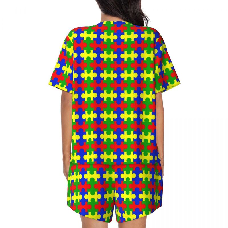 Conjunto de pijamas coloridos para mulheres, impressão personalizada, consciência de autismo, manga curta, 2 pijamas, conjuntos de lounge Pj