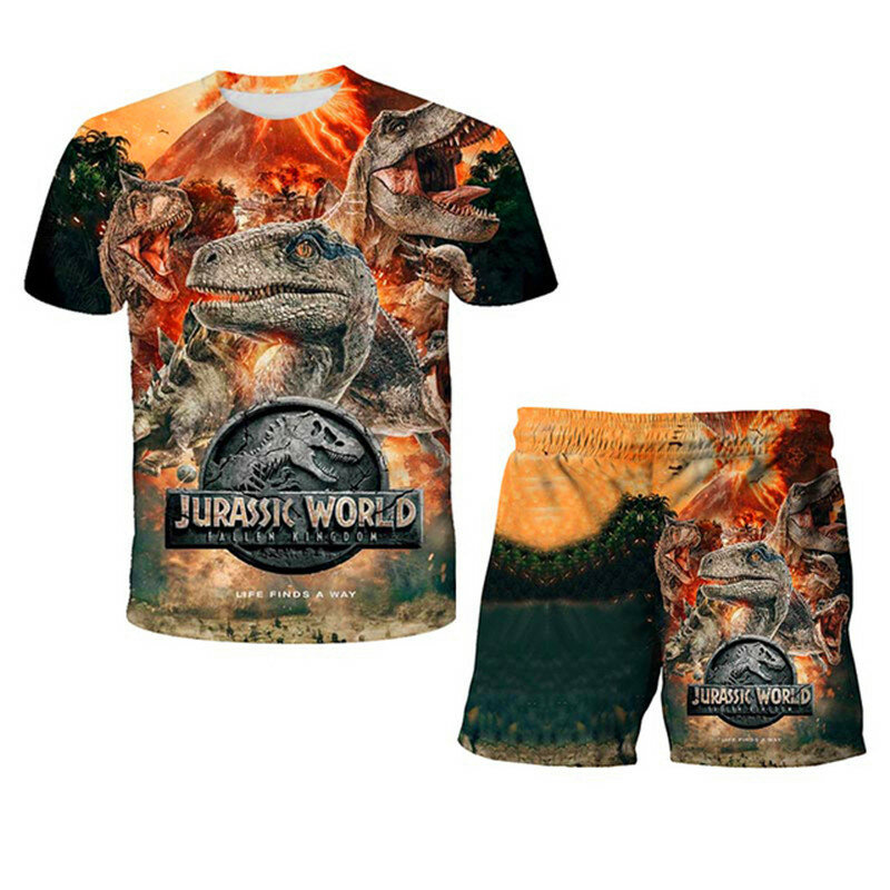 Set pakaian dinosaurus anak bayi laki-laki Jurassic Park 3 baju anak perempuan kaus lengan pendek + celana 2 potong setelan baju anak laki-laki 1-14t