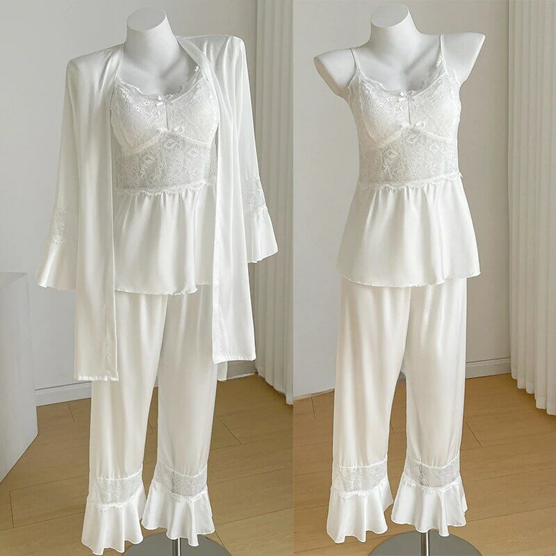 3Piece Set Pajamas Lace Trim Home Clothes Summer Spring New Sleepwear Women Pyjamas Sling&pants Outfit Satin Loose Nightwear