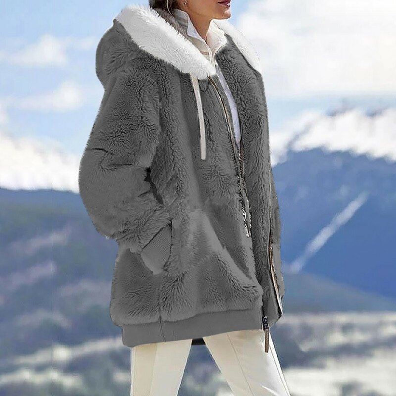 Casaco de capuz monocromático feminino, casaco longo, manga com zíper, solto, pelúcia, bolso, moda, outono, inverno, novo, 2022