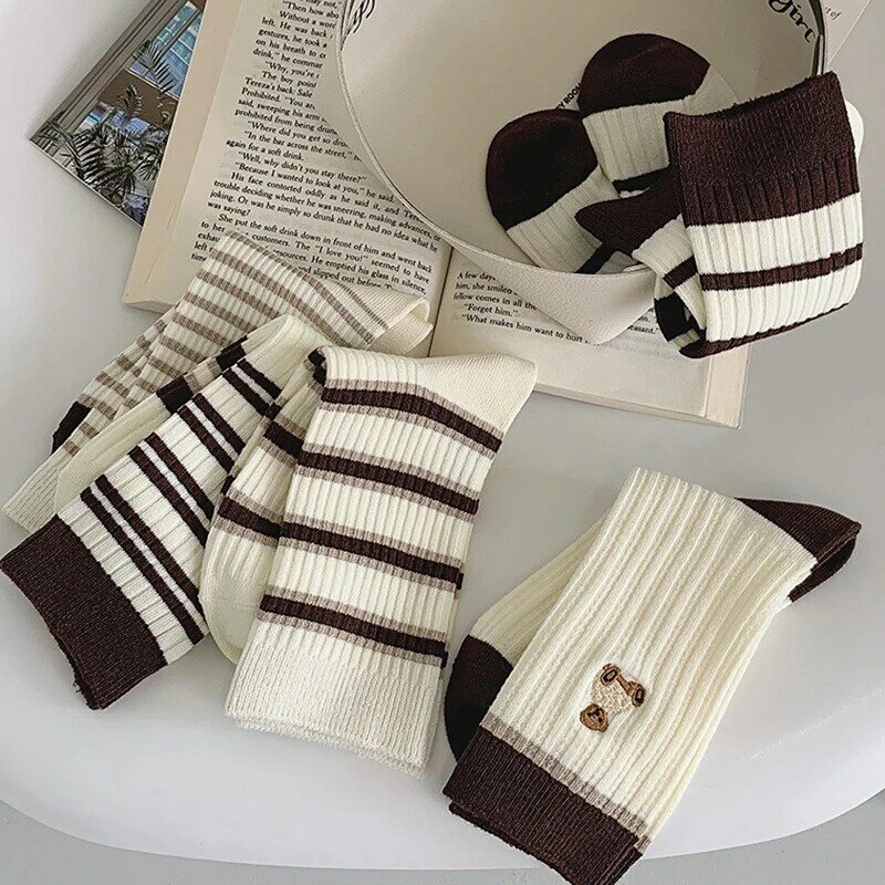 Sports Socks Women's Little Bear Stripe Casual Mid Tube Socks Autumn/Winter Socks Trend Harajuku Style Breathable