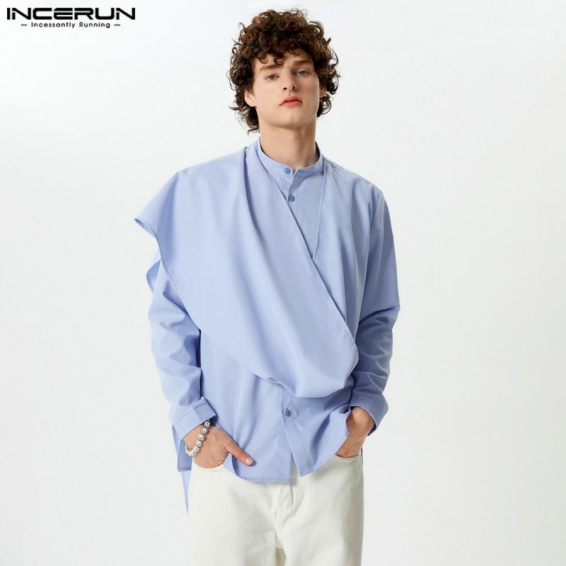 INCERUN Tops 2024 Handsome New Mens Solid Color Irregular Design Shirt Leisure Simple Male Comfortable Long Sleeved Blouse S-5XL