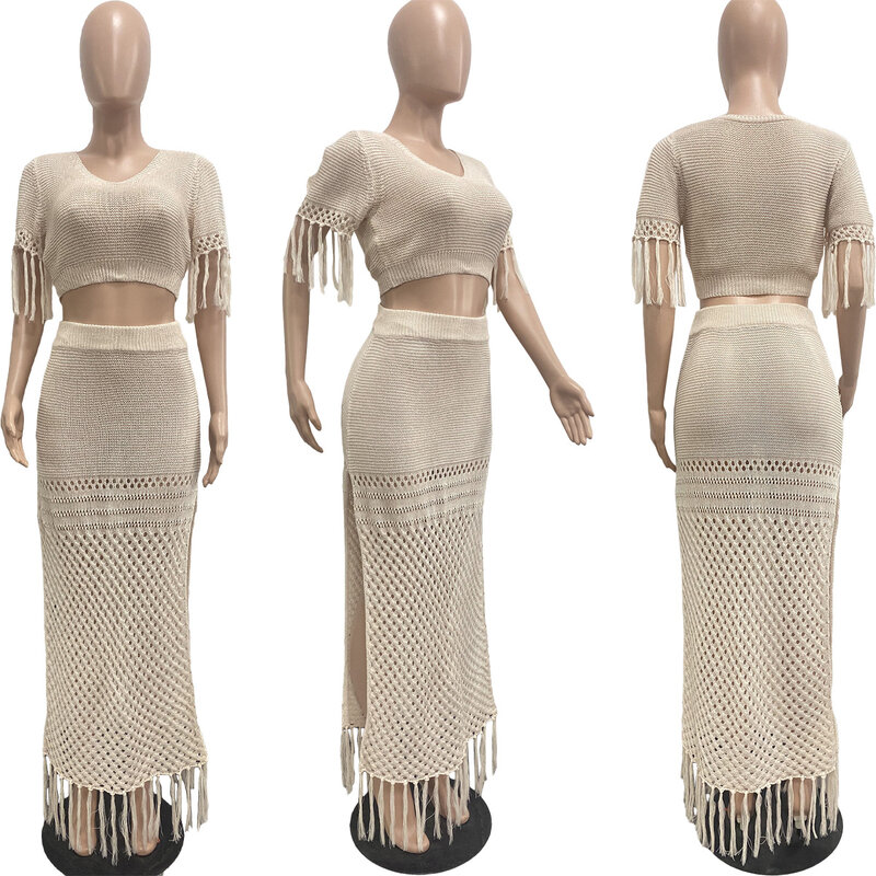 Vestido de ganchillo con flecos para mujer, conjunto de 2 piezas con falda y borlas, ropa de playa para verano, 2023