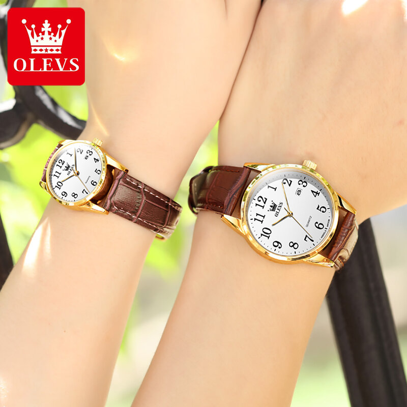 OLEVS 남녀공용 가죽 스트랩 손목 시계, 심플한 날짜 다이얼, 방수 비즈니스 커플 시계, Reloj