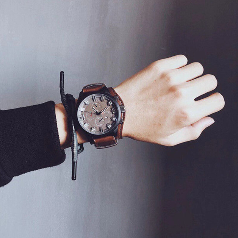 Часы YIKAZE Мужские кварцевые в ретро-стиле, классические роскошные деловые модные в стиле милитари, с большим циферблатом и кожаным ремешком, с датой