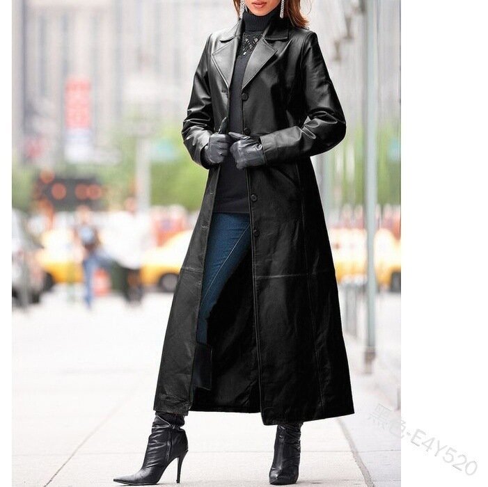 Donna elegante manica lunga Slim colletto con risvolto monopetto Pu ecopelle X-lungo Trench 2023 nero marrone blu giacca