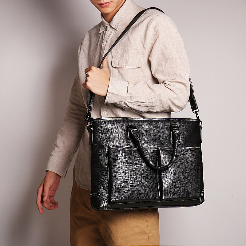 Men's Briefcases Genuine Leather 14'' Laptop Bag Man Office Business s Handbag Messenger