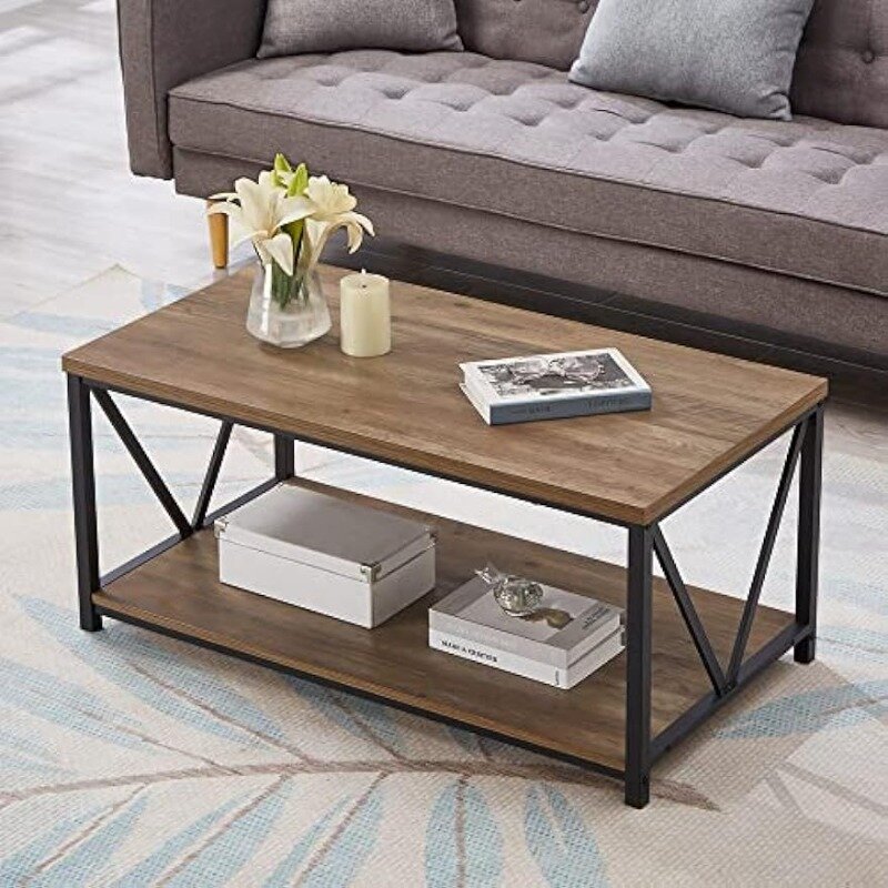 Rustic Coffee Table with Storage Shelf, Vintage Wood and Metal Cocktail Table for Living Room
