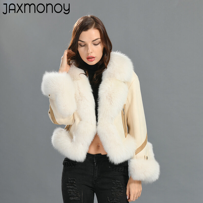 Jaxmonoy-진품 여우 모피 코트 화이트 오리털 자켓 여성용, 따뜻한, 패션, 긴팔, 겉옷, 2022 신상 스타일, 겨울