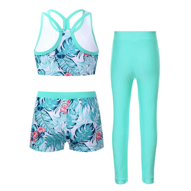 Big Girls 3 potong set pakaian penutup renang Floral penjaga ruam sederhana Tankini dengan legging pakaian renang olahraga pantai