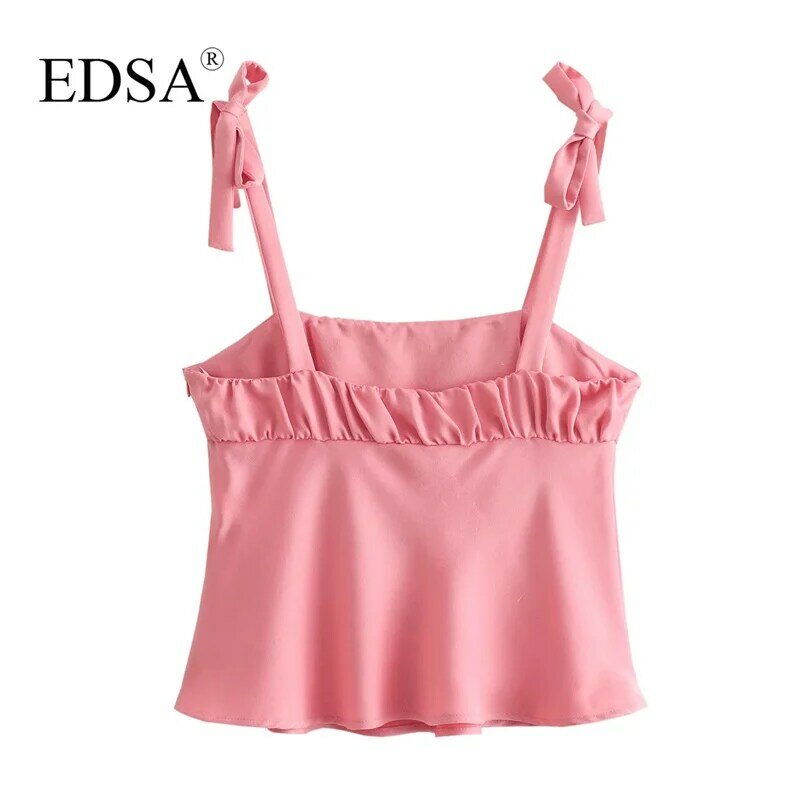 EDSA Women Elegant Pink Satin Top with Bows 2024 Summer Straight Neckline Wide Straps Sexy Backless Female Blouse