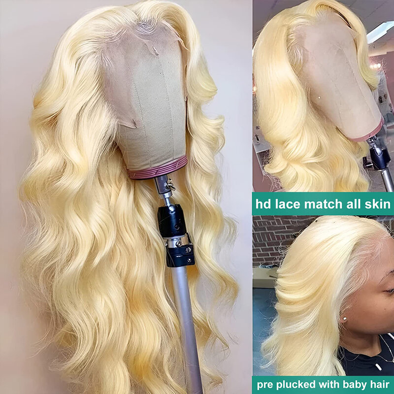 Perruque Lace Front Wig Body Wave naturelle, cheveux humains, blond 613, 13x6, HD, sans colle