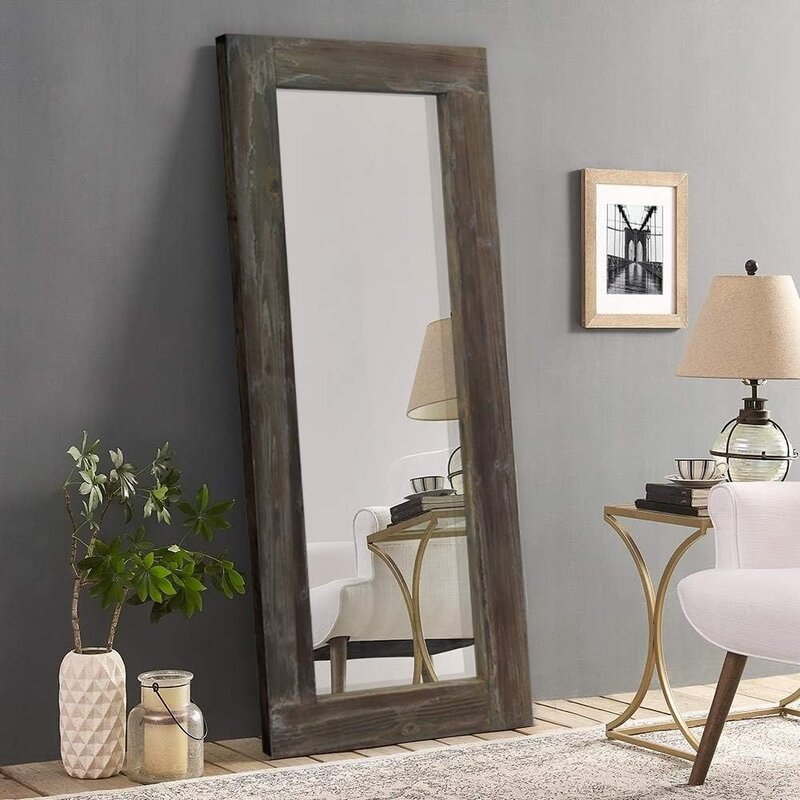 Espejo de piso de longitud completa, marco de bronce de aceite, colgante vertical u horizontal o inclinado contra la pared, espejo de dormitorio grande