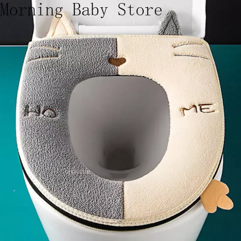 Alfombrilla de asiento de inodoro con forma de gato de dibujos animados, alfombrilla gruesa de felpa, cojín de inodoro Universal, accesorios de baño