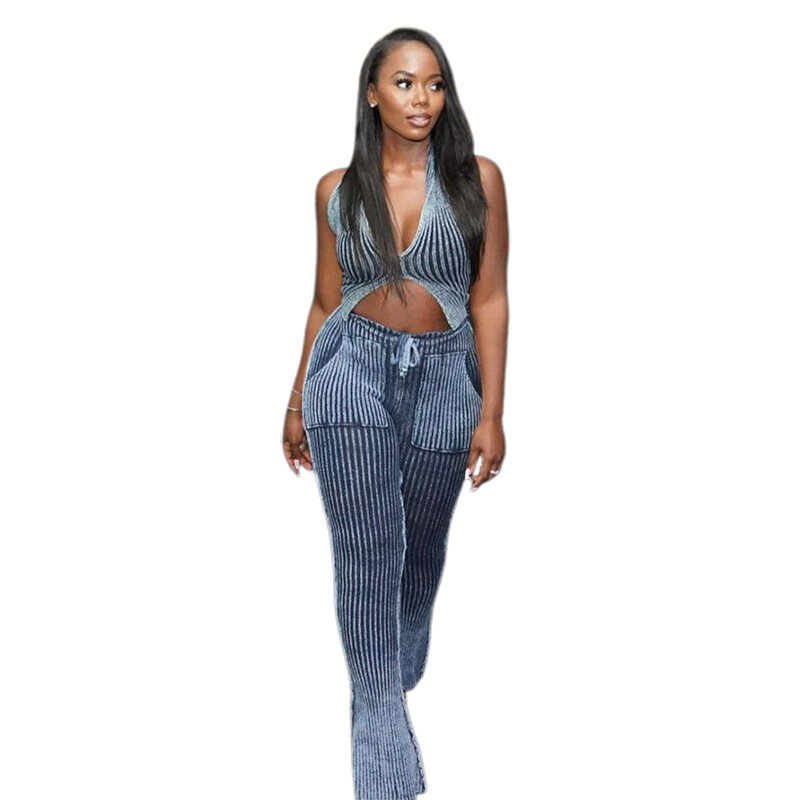 Blue Striped Women Casual Two Piece Set Crochet Halter Deepv-Neck Vest+Pocket Pants Skinny Stretch Matching Outfits