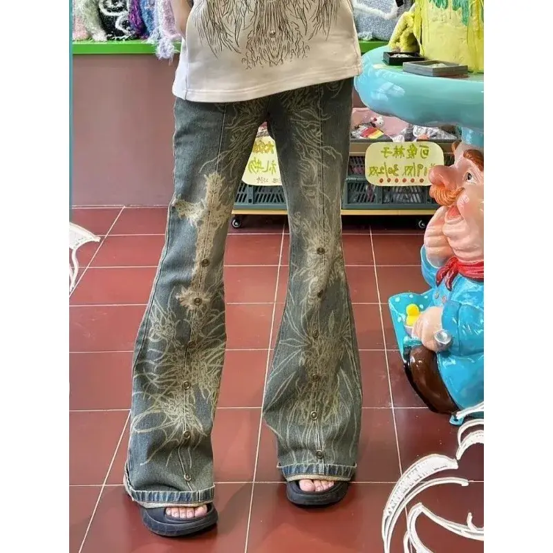 Deeptown Vintage Y2k Grunge Flare Jeans Woman Coquette Streetwear Wide Leg Denim Pants Female Harajuku Gyaru Trousers Hippie