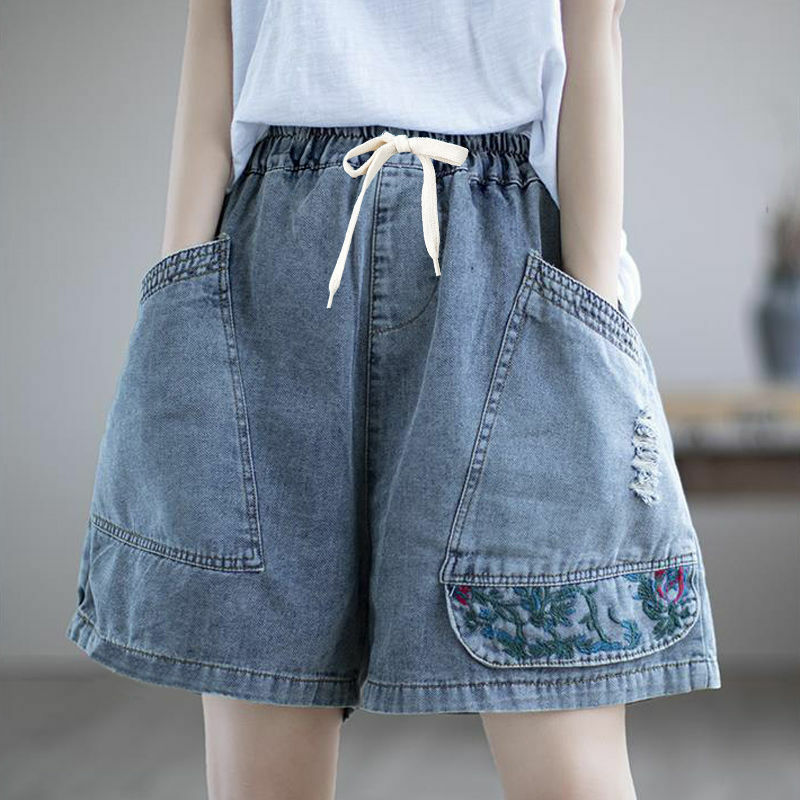 Джинсовые шорты для женщин, летние короткие джинсы, новинка 2024, повседневные свободные с высокой талией и вышивкой, тонкие широкие брюки