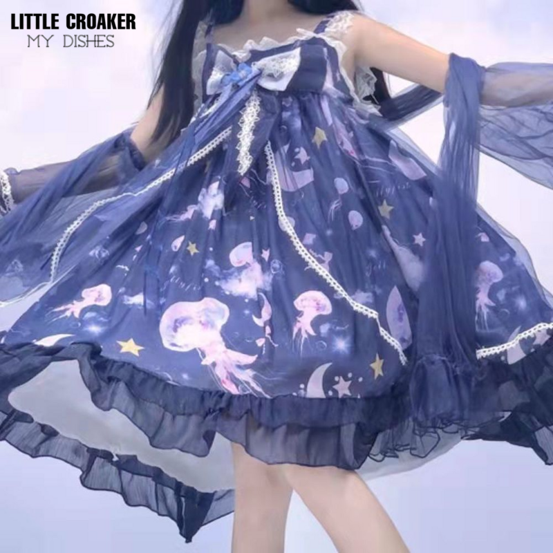 Gaun Lolita Goth Desain Asli Gaun Suspender Gadis Manis Lembut Jsk Ubur-ubur Karang Lolita Wanita Biru dan Putih dengan Syal