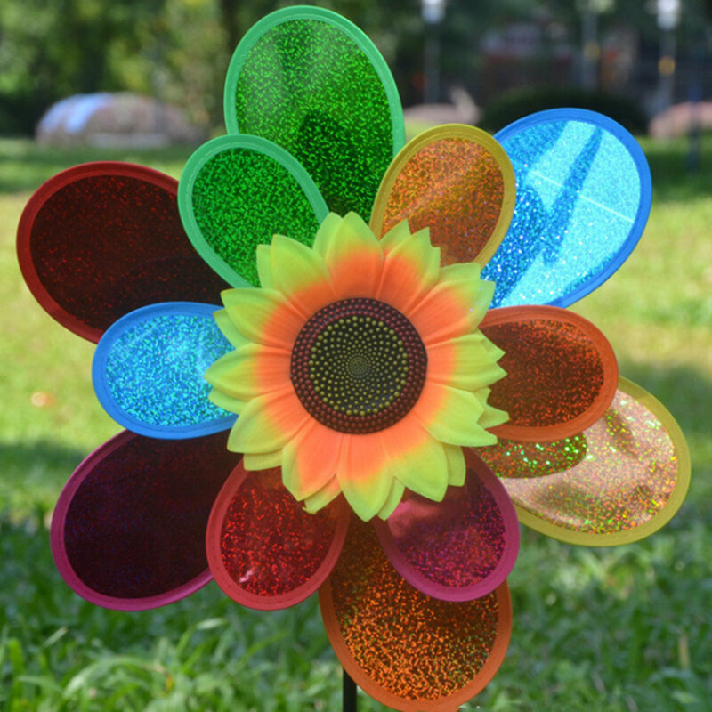 더블 레이어 스팽글 반사 해바라기 다채로운 바람개비 풍차, 바람 스피너 장난감 정원 잔디 웨딩 파티 장식