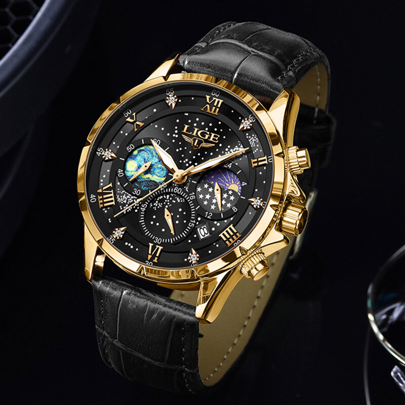 LIGE 남성용 탑 럭셔리 패션 쿼츠 시계, 가죽 클래식 크로노그래프 날짜 손목시계, 방수 큰 남성 시계