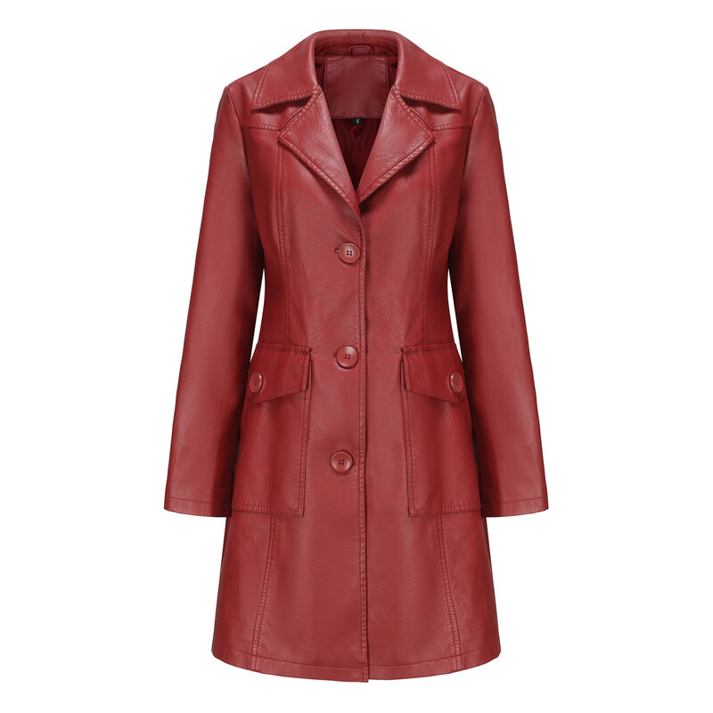 Jaket kulit PU lengan panjang untuk wanita, jaket kulit renda pinggang panjang, jaket Windbreaker PU lengan panjang, mantel Single-breasted modis warna merah untuk wanita