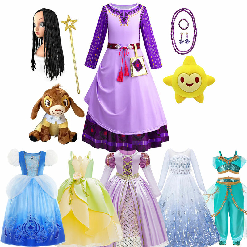 Disney-Children's Movie Wish Princess Traje, Interpretação de ASHA, Conto de fadas, Tiana, Rapunzel, Cinderela, Birthday Party Dress, Princess Dress, Meninas, Crianças, 2024