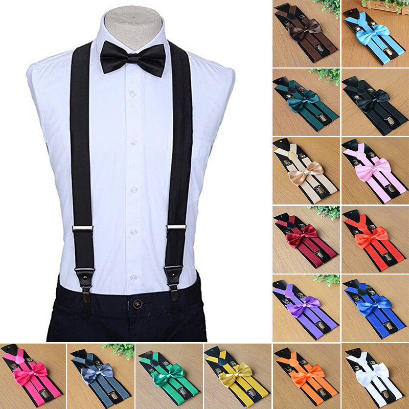 Men Matching Suspenders Braces&Bow Tie Combo Sets Fancy Costume Sling Pants Straps Elasticity Solid Accessories New Arrival