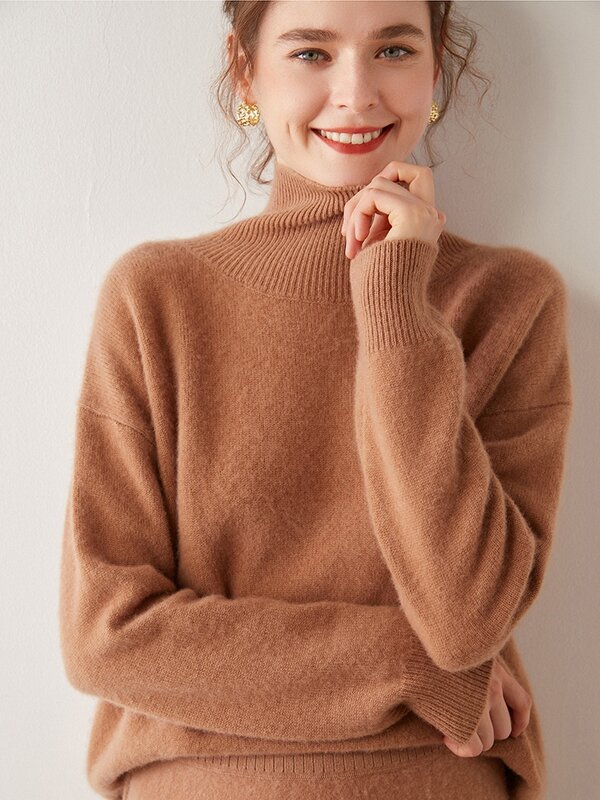 Sweater rajut wanita, atasan Pullover rajut polos dasar leher palsu hangat lembut kualitas tinggi kasmir musim gugur dan dingin 100%