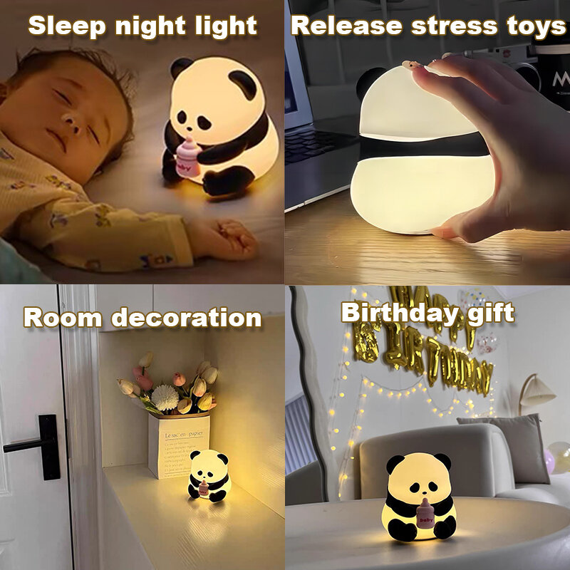 Lámpara de Silicona de Panda Bonita, Sensor Táctil, LED Recargable, Lámpara de Dormitorio, Lámpara de Noche, Juguete de Dibujos Animados, Luz Nocturna para Dormir, Regalo de Cumpleaños para Niños