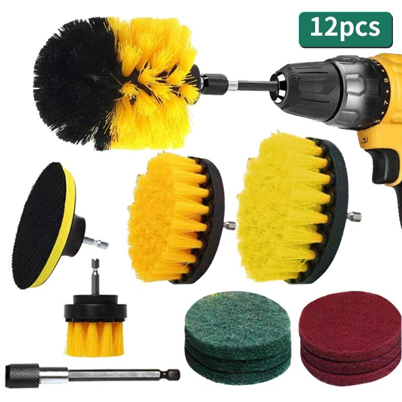 12pcs Electric Drill Brush Head Cleaning Household Universal Tools Floor Tile Polishing Kitchen Bathroom Car Wash Descaling Set