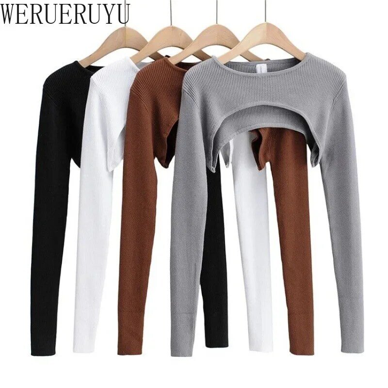 T-shirts Women Long Sleeve Crop Top Spring Autumn Y2k Aesthetic Clothes O-neck Black White Sexy Harajuku Knitted Tshirt 2023