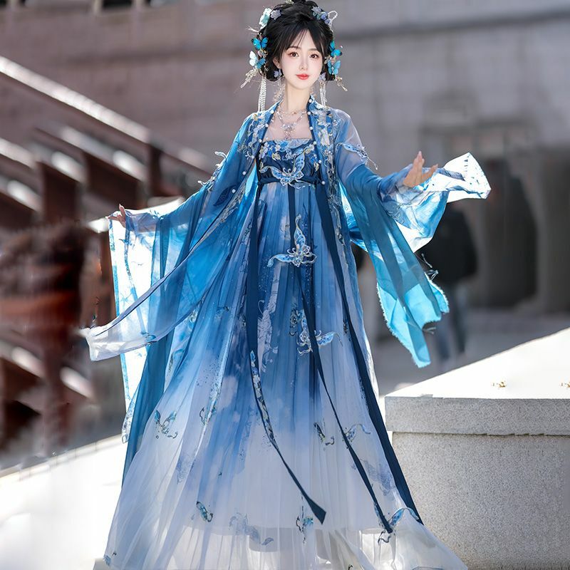 Sommer Hanfu weiblich blau chinesischen Stil Kostüm Stickerei Retro Tang Stil Studenten Erwachsenen Performance Shooting Kostüme