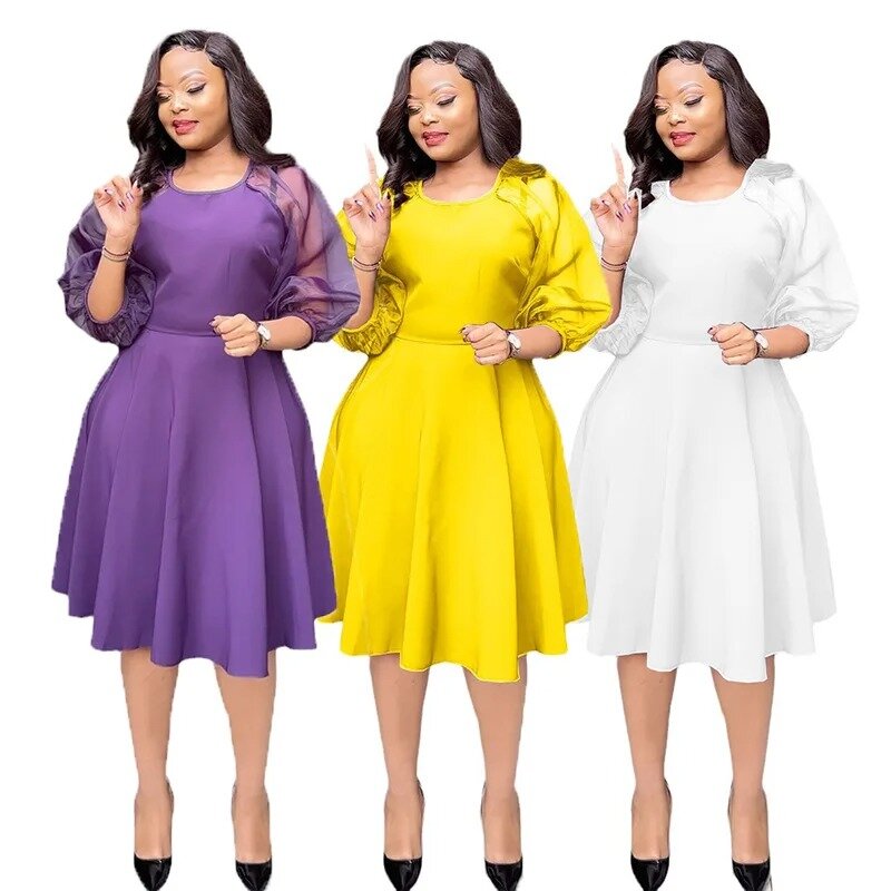African Party Evening Dresses for Women Spring 2024 Africa 3/4 Sleeve O-neck Yellow Purple White Midi Dress Africa Clothing M-XL